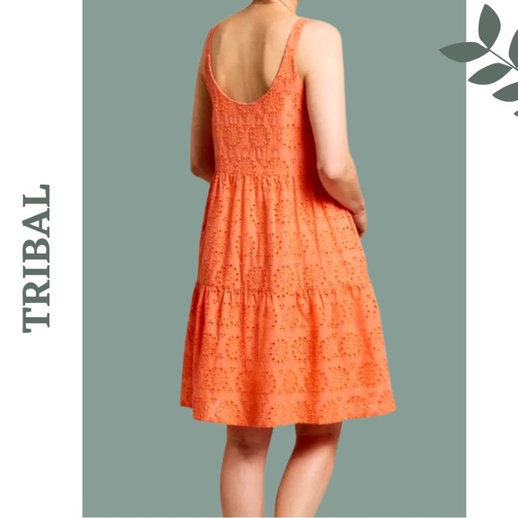 Tribal Eyelet Tiered Sundress Lined Mini Dress Orange Size Small - Picture 3 of 8